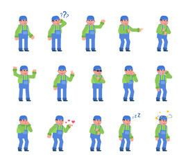 Naklejka premium Set of construction worker characters showing various emotions. Mechanic or worker crying, laughing, happy, tired, angry and showing other expressions. Flat design vector illustration