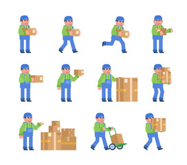 Set of delivery service worker posing with parcel box. Courier or carrier holding delivery box, running, walking and showing other actions. Flat design vector illustration