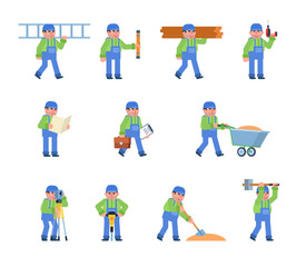Set of construction worker characters showing various actions. Builder or worker holding ladder, wooden blocks, hammering, digging and showing other actions. Flat design vector illustration