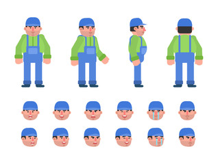 Construction worker or mechanic in blue overalls creation kit. Create your own pose or animation. Flat design vector illustration