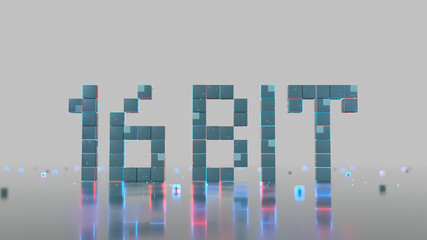 Text 16 bit of glowing pixels 3D rendering illustration