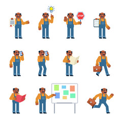 Set of old indian or black worker showing various poses. Mechanic in overalls holding stop sign, walking, talking on phone and showing other actions. Flat design vector illustration