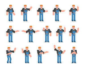 Set of worker characters showing various hand gestures. Mechanic or builder pointing, showing thumb up, victory sign and other gestures. Flat design vector illustration