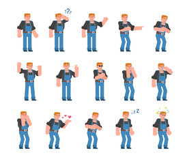 Set of construction worker characters showing various emotions. Mechanic or worker crying, laughing, happy, tired, angry and showing other expressions. Flat design vector illustration