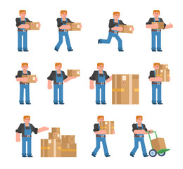 Fototapeta na wymiar Set of worker characters posing with parcel box. Courier or carrier holding delivery box, running, walking and showing other actions. Flat design vector illustration