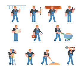 Fototapeta premium Set of construction worker characters showing various actions. Builder or worker holding ladder, wooden blocks, hammering, digging and showing other actions. Flat design vector illustration