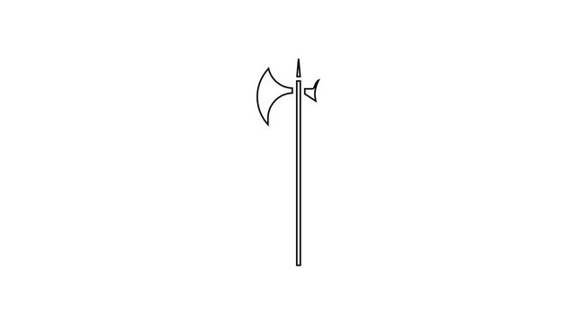Black line Medieval halberd icon isolated on white background. Medieval weapon. 4K Video motion graphic animation