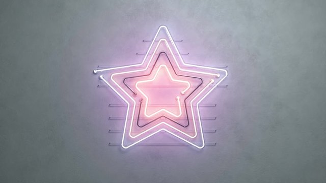 Star shaped neon signage on concrete wall. 3D render seamless loop animation