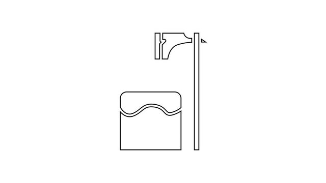 Black line Executioner axe in tree block icon isolated on white background. Hangman, torturer, executor, tormentor, butcher, headsman. 4K Video motion graphic animation