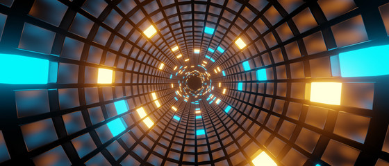 Abstract sci-fi tunnel with neon light. Cyberpunk style. 3d rendering - illustration.