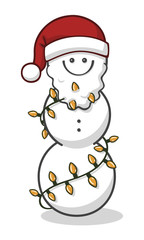Vector drawing of a smiling snowman with a beard, a red Santa Claus hat and Christmas lights. Drawn in a cute style and isolated on white.