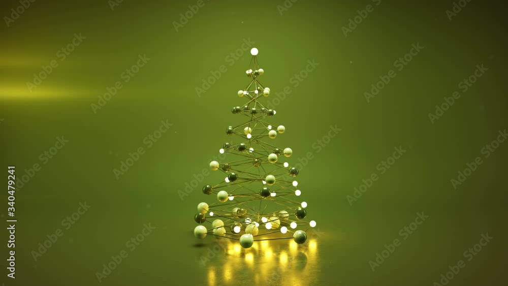 Poster futuristic green christmas tree with glowing balls. 3d render loopable animation