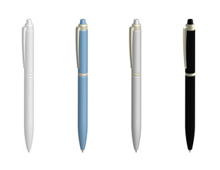 realistic ballpoint pens in various colors. Design element. Isolated vector on white background