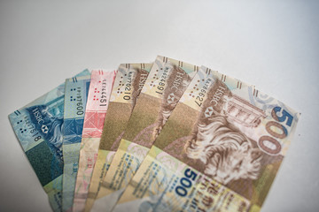 hong kong dollar notes on white background.