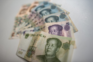Close up Chinese banknotes or yuan on white background.  