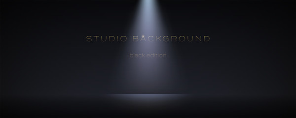 Obraz premium Black empty room with one spotlight. Dark studio can used for background and display brand or product. Black edition. Vector 3d illustration