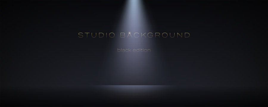 Black empty room with one spotlight. Dark studio can used for background and display brand or product. Black edition. Vector 3d illustration