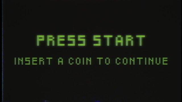 Vintage  VHS glitch PRESS START insert a coin to continue  title from 80s 90s Retro Television Gaming  vintage concept.