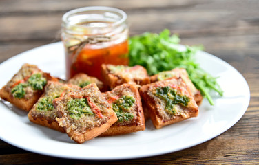 Fried toasts with Minced Pork Spread with chili sauce (Thai Pork Toast) . Toasts Menu for children.