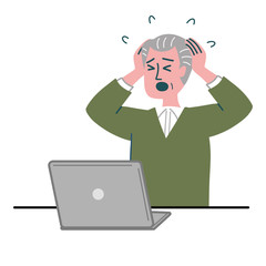 男性　シニア　主夫　パソコン　焦っている