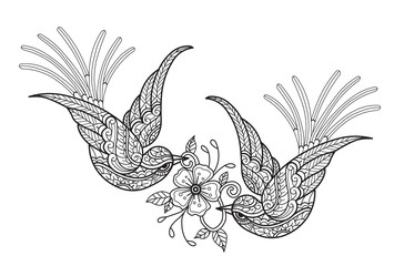 Birds with flower. Hand drawn sketch illustration for adult coloring book.