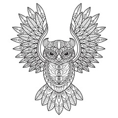 Obraz premium Flying Owl.Hand drawn sketch illustration for adult coloring book.