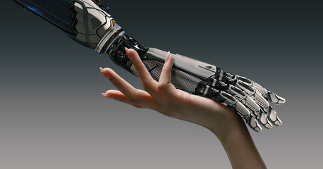 Woman arm gently touching robot hand, artificial intelligence augmented reality collaboration...