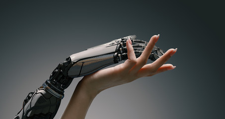 Woman arm gently touching robot hand, artificial intelligence augmented reality collaboration...