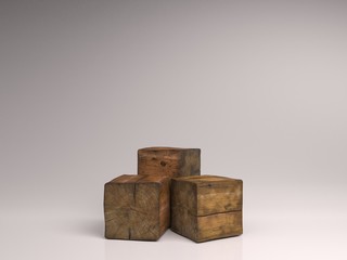 Design concept - abstract geometric real wooden cube with surreal layout on white floor background and it's 3D render