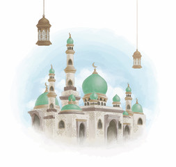 Mosque Watercolor Panting Style