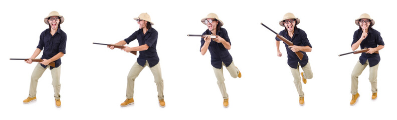 Funny hunter wearing safari hat