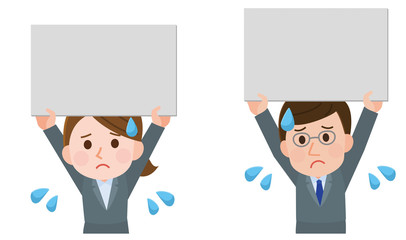 プラカードを掲げる　訴える　会社員　男女　イラスト
