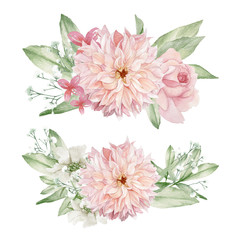 Flowers watercolor painting on white background. Isolated Clipart, Floral Wedding Invitation.