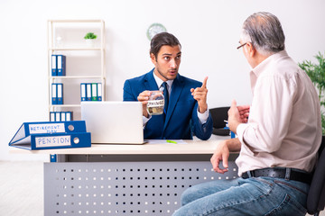 Financial advisor giving retirement advice to old man