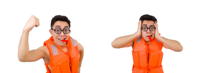 Funny man wearing orange safety vest