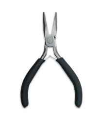 Long nosed pliers isolated on white background with soft shadow. Steel with black handles.