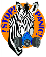 WEB banner zebra in medical mask,
respiratory mask. STOP PANIC. Quarantine, stay at home, shelter in please,  poster.  fight covid-19 corona virus. fight virus concept. corona viruses 2019-ncov 