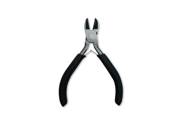 Metal wire cutters isolated on white with soft shadow. Stainless steel with black handle.