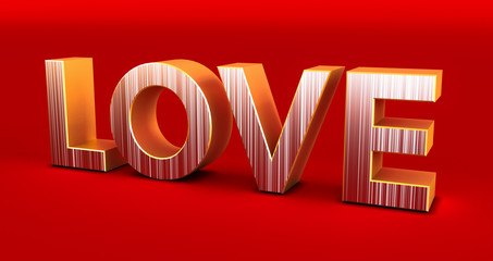 golden LOVE typography on red background, Valentine's Day, 3D rendering