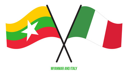 Myanmar and Italy Flags Crossed And Waving Flat Style. Official Proportion. Correct Colors