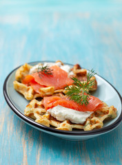 savory waffle with salmon