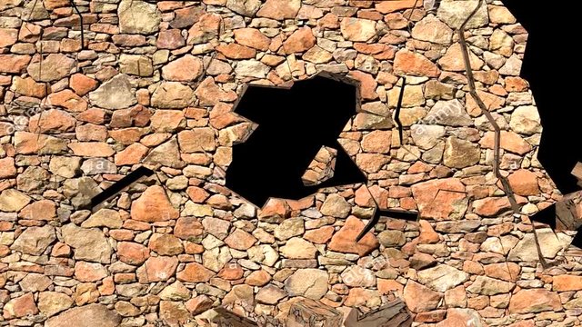 The wall explosion, destruction of stone wall, stone wall collapse, wall breaking exploding. Stones fly forward, 3D animation. Full HD Footage. 