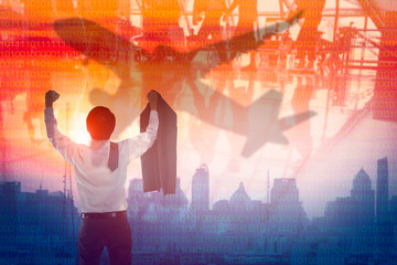 Businessman raise the hand with aeroplane and city background, Economic restart after pandemic...