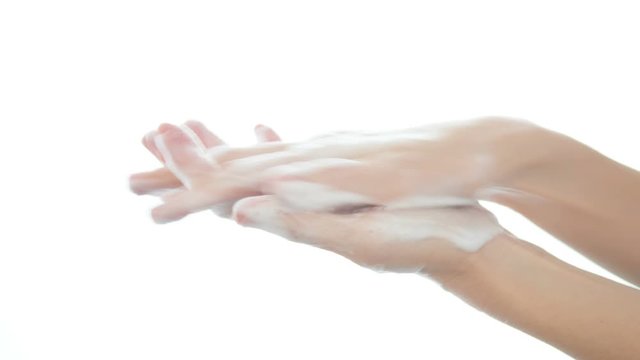 Hand washing rubbing with soap on white background for hygiene to stop spreading coronavirus.