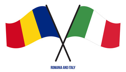 Romania and Italy Flags Crossed And Waving Flat Style. Official Proportion. Correct Colors