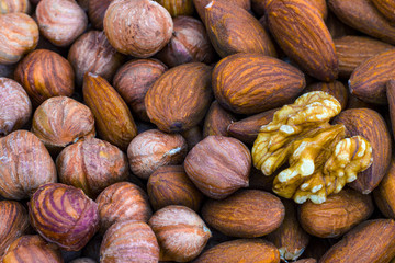 Almonds, walnuts and hazelnuts. Without shell. Close-up view