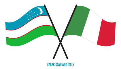 Uzbekistan and Italy Flags Crossed And Waving Flat Style. Official Proportion. Correct Colors