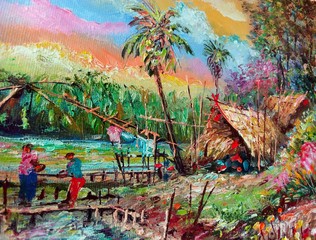 Art painting Oil color Hut northeast Thailand Countryside