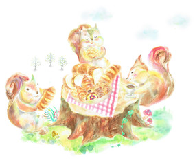 リス３匹　パンの盛り合わせ 　切株