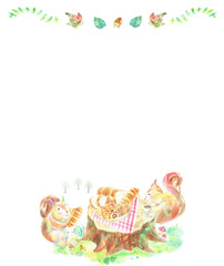 リス２匹　コピースペース　パンの盛り合わせ　切株